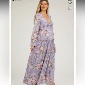 Lavender maternity, maxi floral chiffon ruffle tiered wedding guest dress